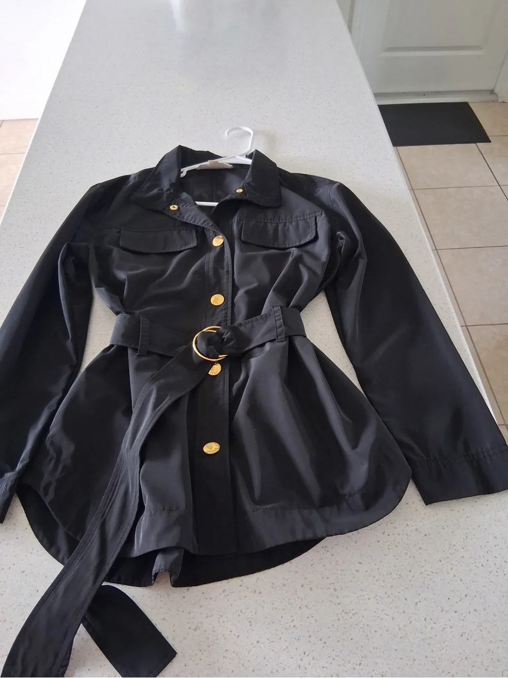 Michael Kors Black Utility Jacket with Gold Buttons and belt